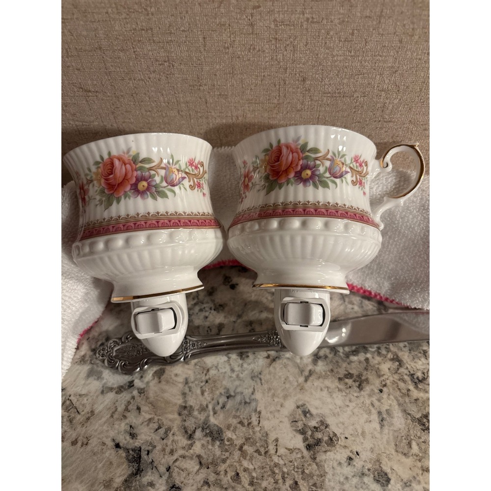 Vintage Floral Porcelain Teacup Night‎ Light Set of 2 Wall Plug In Cottagecore